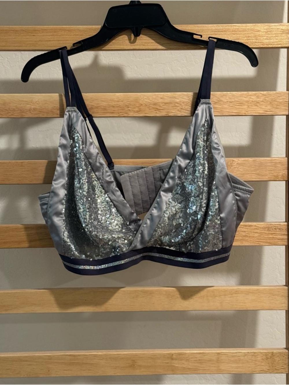 Cacique Silver Sequin Satin Bralette with Navy Trim